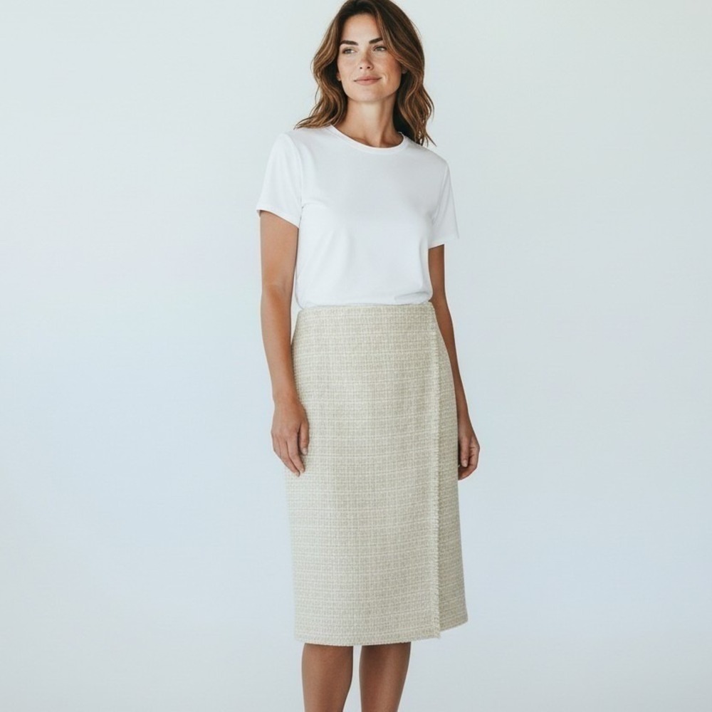 St John Tweed Knit Midi Wrap Skirt Womens 8 Ecru Ivory Fringe Linen Blend NWT